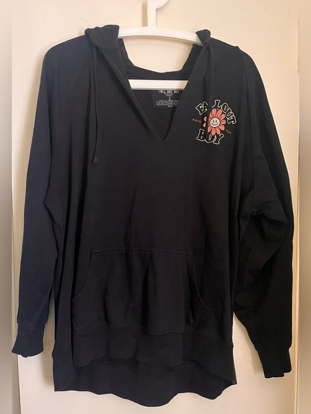 torrid Black V-Neck Hoodie Sweater with Pink Floral Chest Graphic